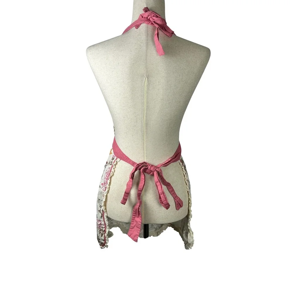 Floral Bird Print Apron Womens OS White Pink Tea Party Cottagecore